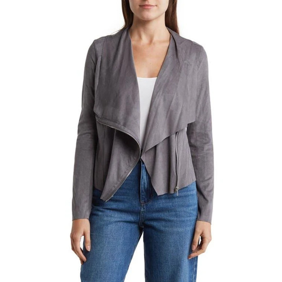 Blank NYC Jackets & Blazers - Blank NYC Womens Gray Suede Drape Front Asymmetrical Zip Moto Jacket Size L